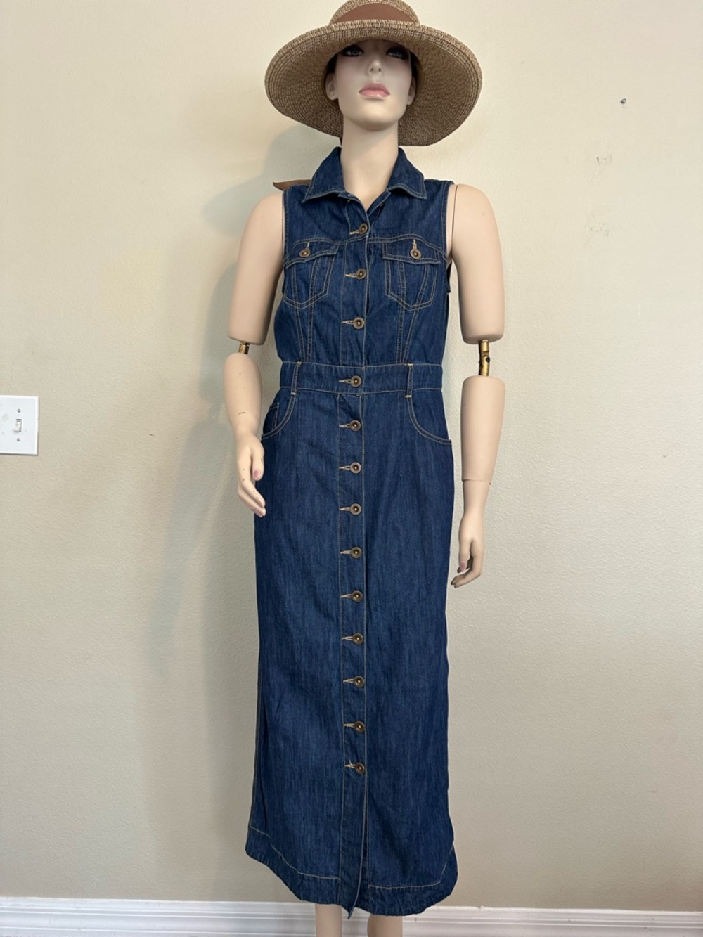 Dark Wash Denim Button Front Sleeveless Maxi Dress with Pockets M